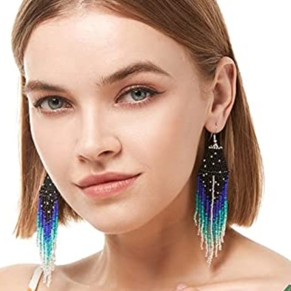 Long 5" Turquoise Blue & Black Beaded Large Oversized Bohemian Handmade Earrings - Picture 3 of 9